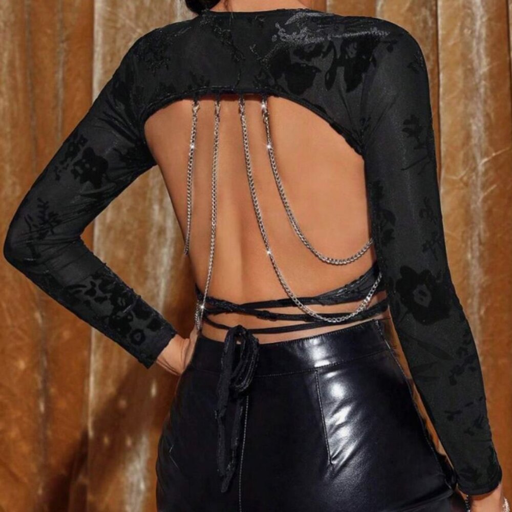 Backless Chained Long-Sleeve Crop Top with Floral Detail